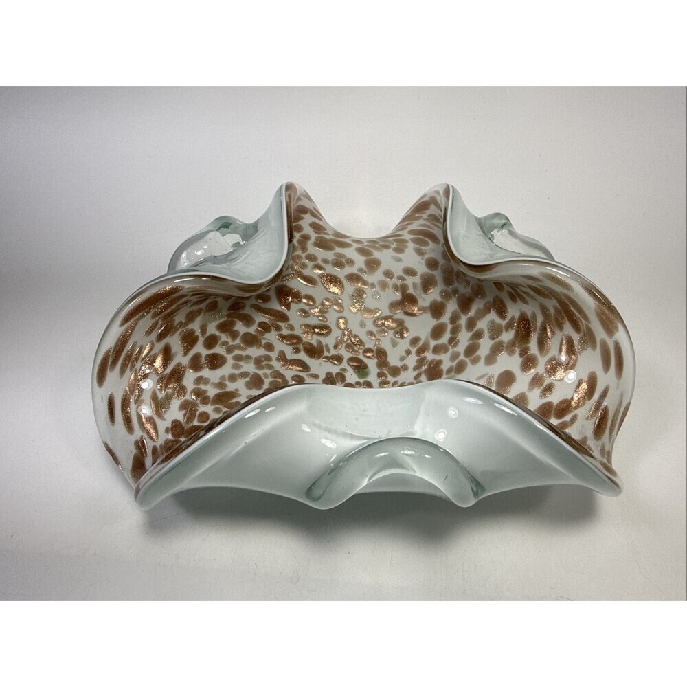 Vtg Mcm Murano Toso  White Cased Glass Gold/copper Flakes Glass Bowl C1